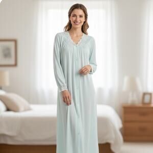 Vintage 70s Nylon Satin Nightgown Lace Appliqué & Housecoat Set Blue Womens M